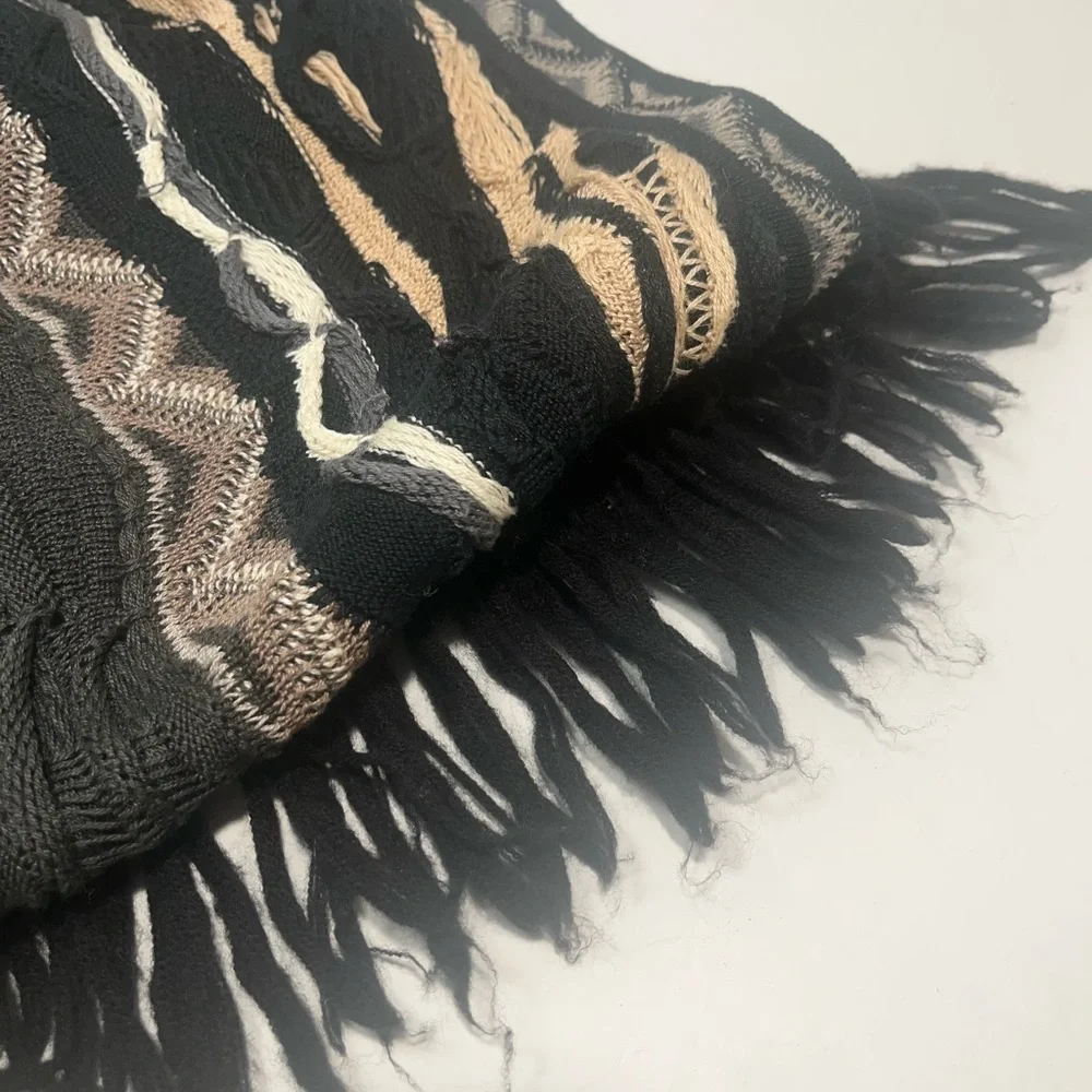 COOGI Australia 100% Cotton Scarf Black Gray 3D Knit Fringe VTG